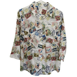 CHICO'S 100% Linen Top Sz 0 Small Butterfly Stamps Print Shirt Wrinkle Resistant